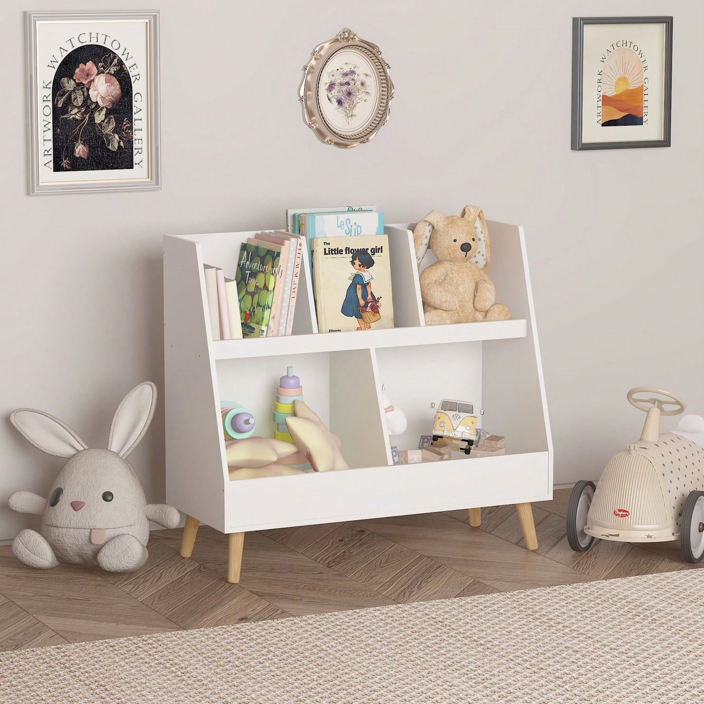 Modern Kids Bookshelf with 5 Cubbies and Legs for Nursery Bedroom Playroom Classroom Storage Organizer