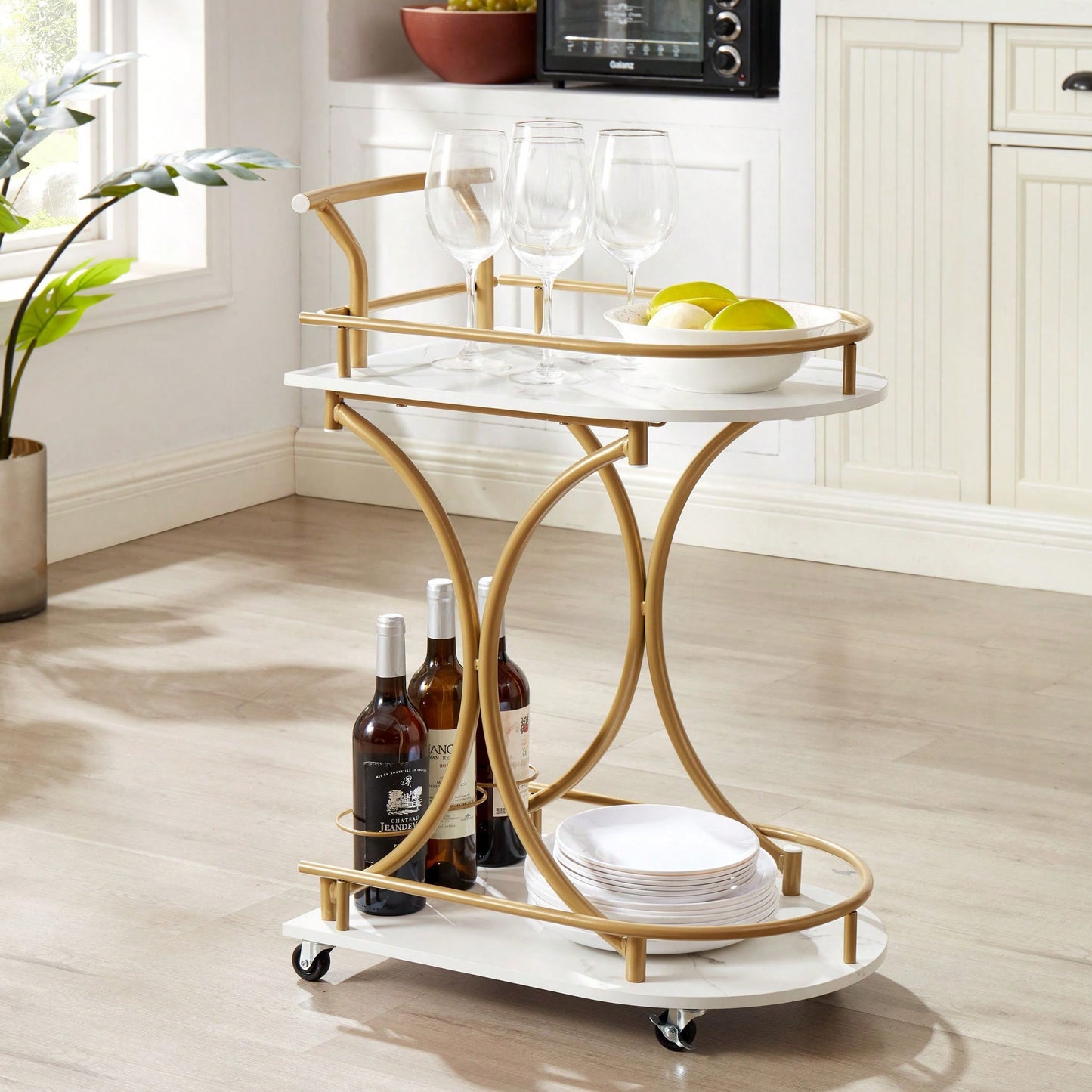 Golden Frame Two-Tier Bar Cart With Faux Marble Panels And Wine Bottle Loops