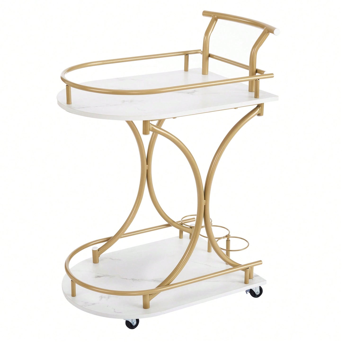 Golden Frame Two-Tier Bar Cart With Faux Marble Panels And Wine Bottle Loops