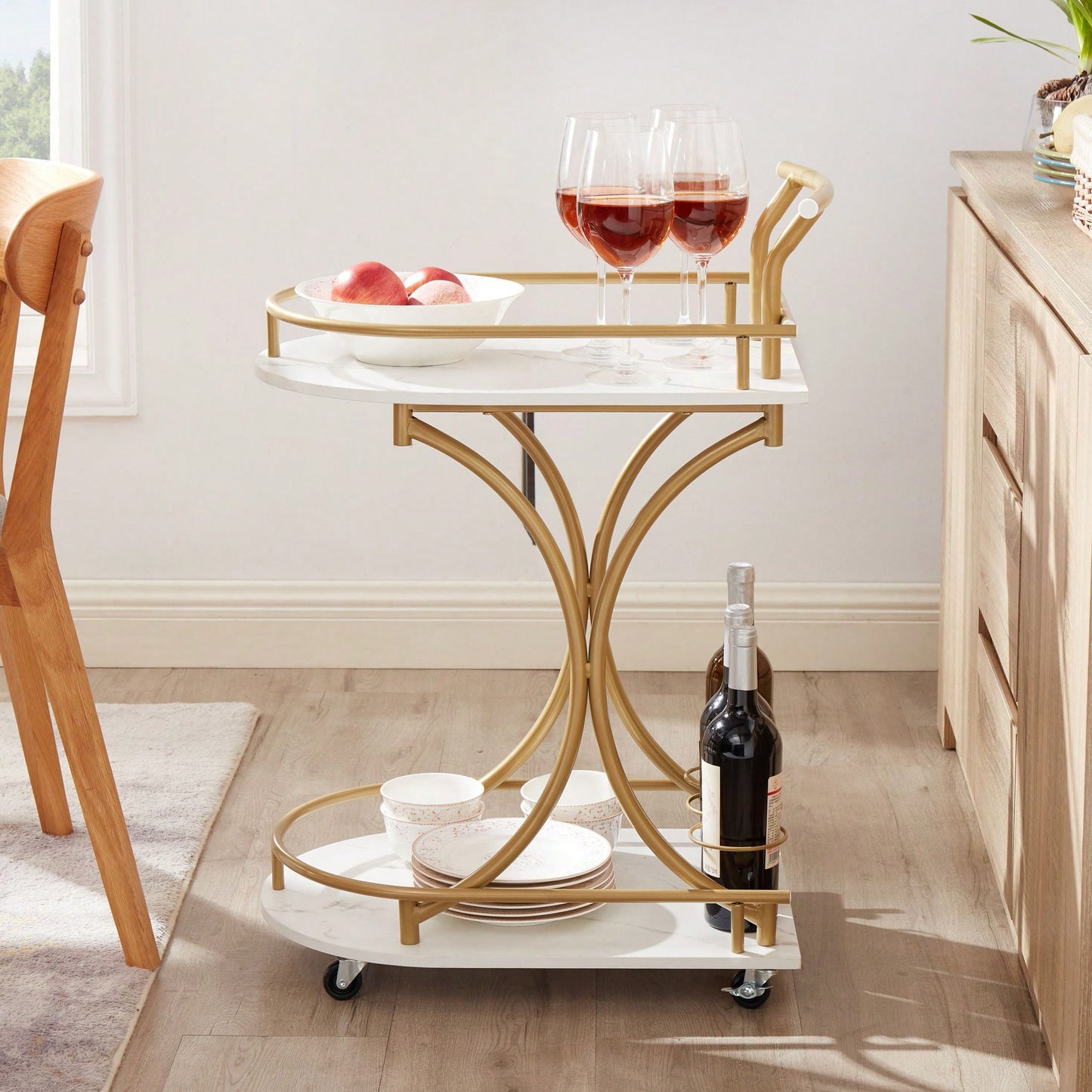 Golden Frame Two-Tier Bar Cart With Faux Marble Panels And Wine Bottle Loops