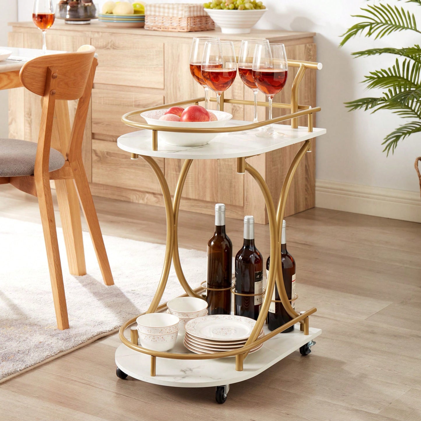 Golden Frame Two-Tier Bar Cart With Faux Marble Panels And Wine Bottle Loops