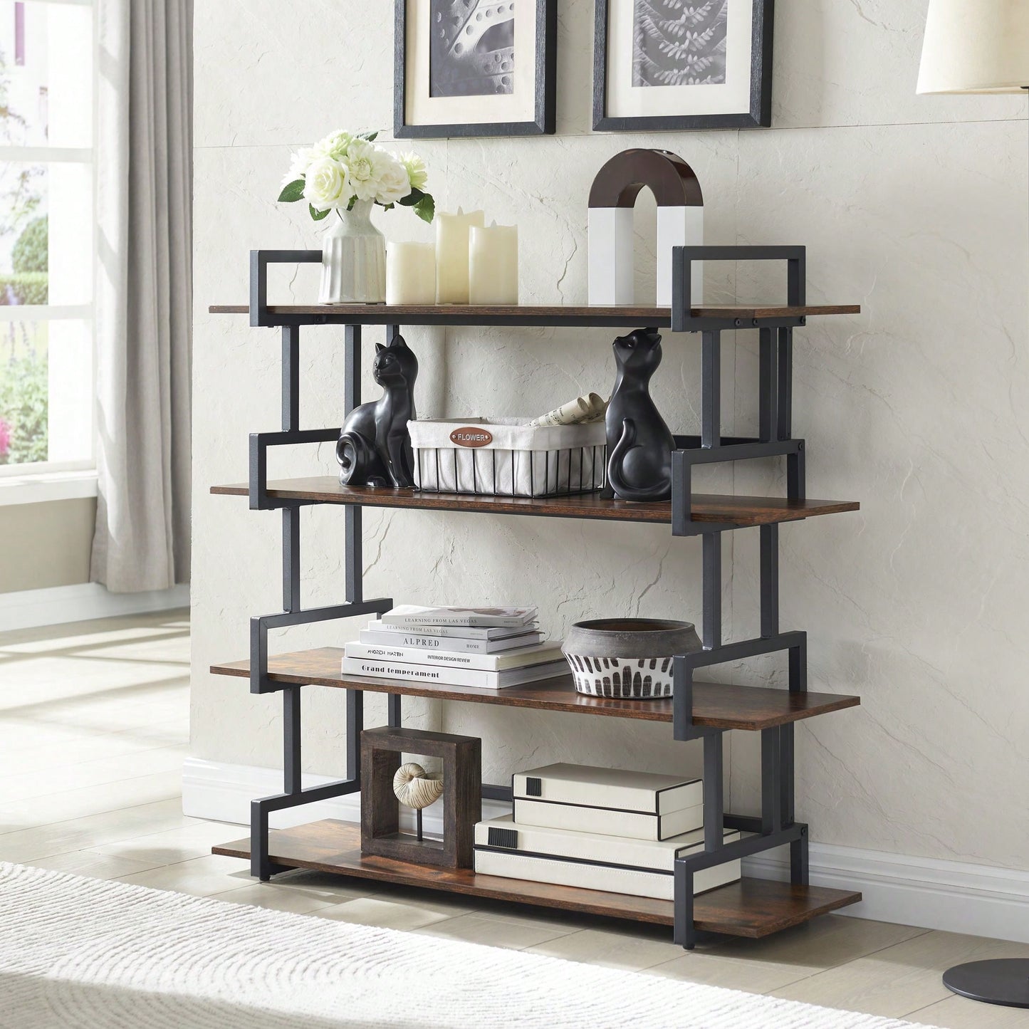 Rustic Wood and Metal 4 Tier Freestanding Bookcase Industrial Corner Shelf for Home Office