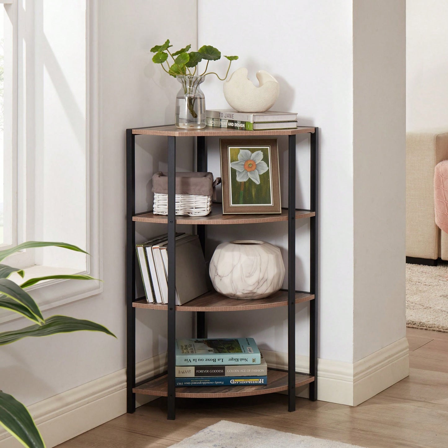 4-Tier Corner Open Shelf,Bookcase Freestanding Shelving Unit,Plant Stand Small Bookshelf For Living Room, Home Office, Kitchen, Small Space