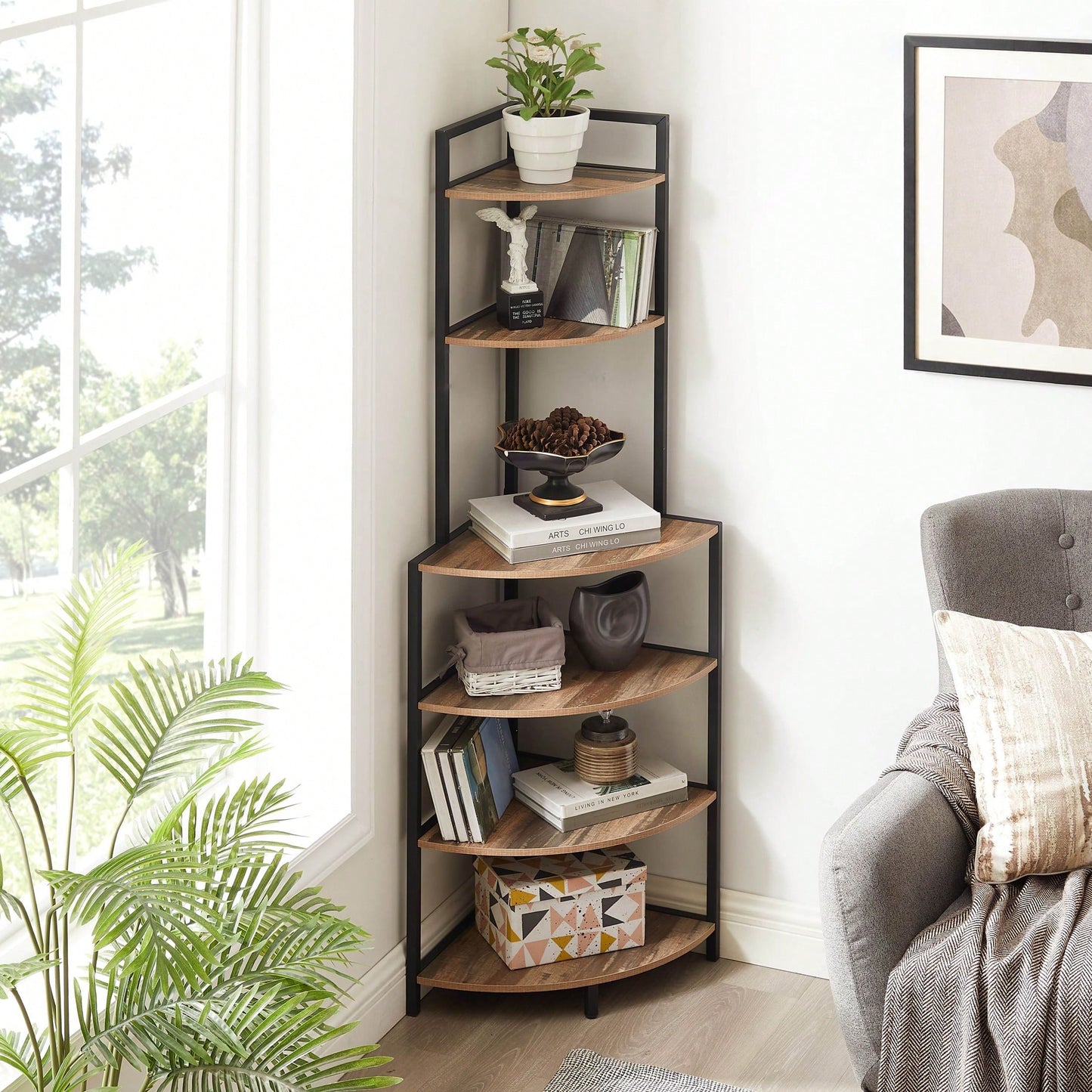 6-Tier Corner Open Shelf Bookcase Modern Wood Rack Space-Saving Freestanding Unit for Living Room Office Kitchen