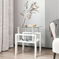 Tempered Glass Side Table With Metal Leg: Elegant Design, Transparent/Frosted Glass Layers, 150lbs Load-Bearing Capacity