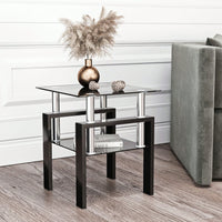 Tempered Glass Side Table With Metal Leg: Elegant Design, Transparent/Frosted Glass Layers, 150lbs Load-Bearing Capacity