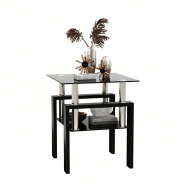 Tempered Glass Side Table With Metal Leg: Elegant Design, Transparent/Frosted Glass Layers, 150lbs Load-Bearing Capacity