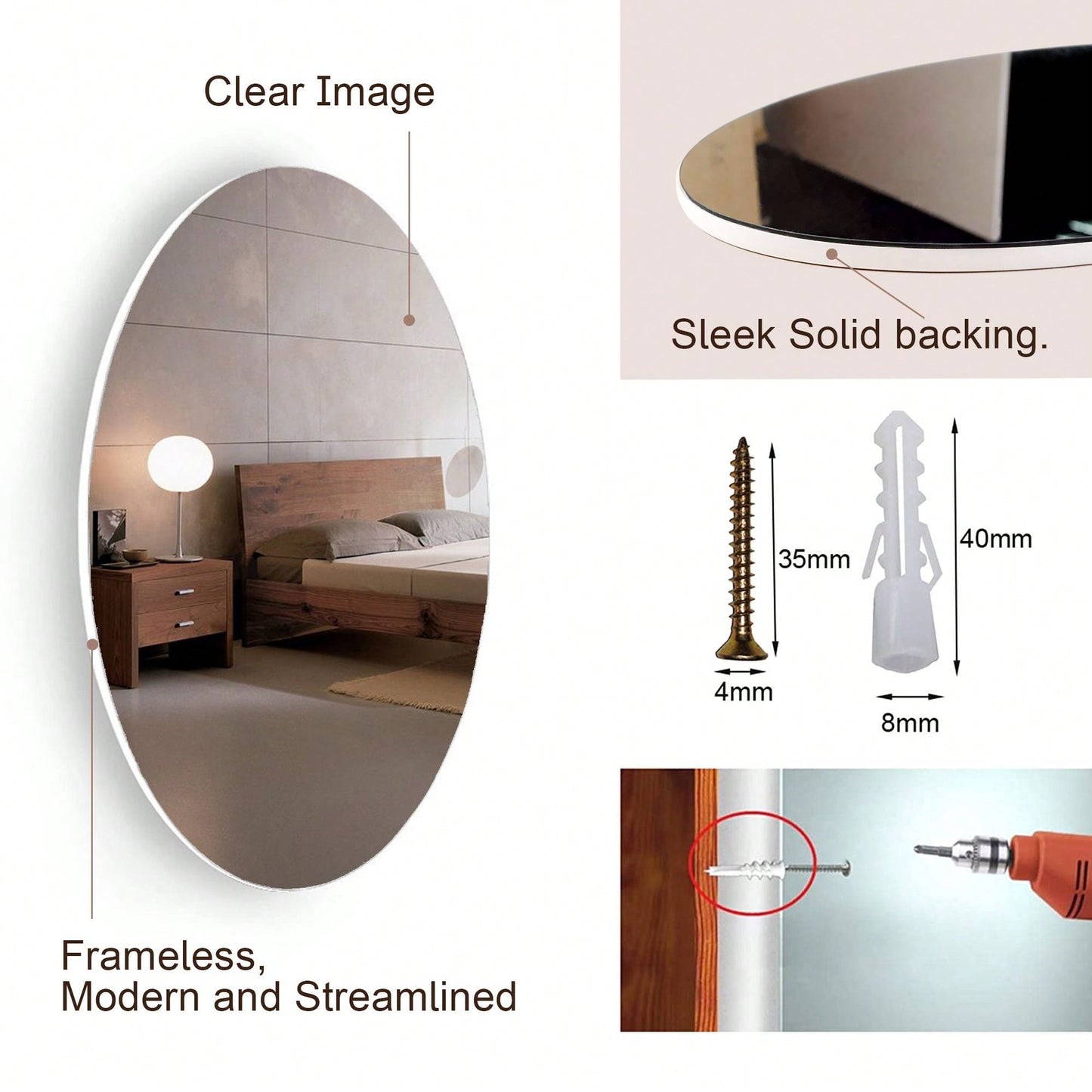 Oval Frameless Wall Mounted Dressing Mirror For Bathroom, Vanity, Bedroom