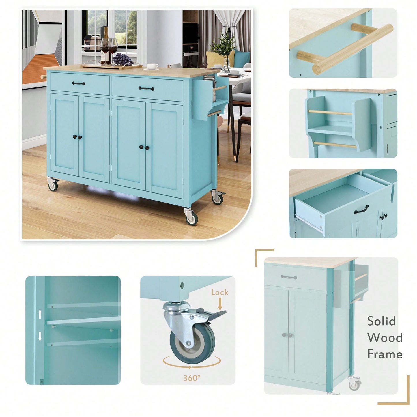 4 Door Cabinet And Two Drawers Kitchen Island Cart With Solid Wood Top, Adjustable Shelves, Spice & Towel Rack