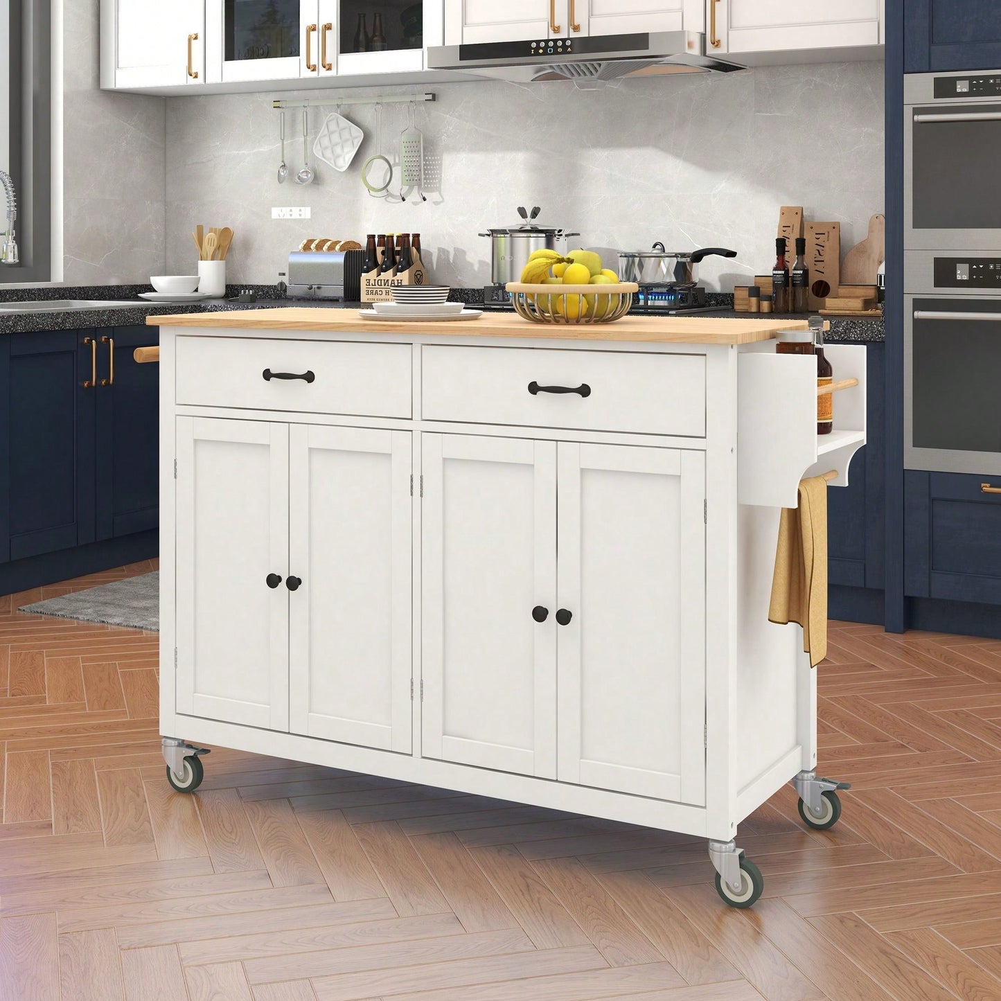 4 Door Cabinet And Two Drawers Kitchen Island Cart With Solid Wood Top, Adjustable Shelves, Spice & Towel Rack