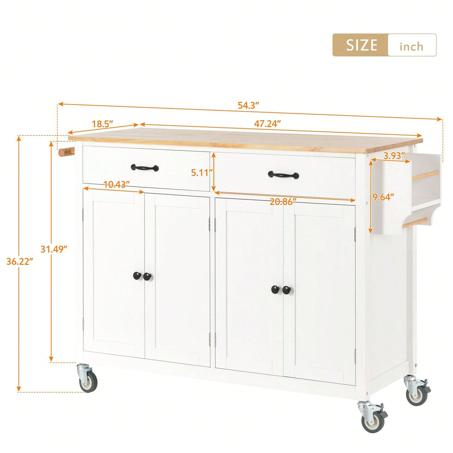 4 Door Cabinet And Two Drawers Kitchen Island Cart With Solid Wood Top, Adjustable Shelves, Spice & Towel Rack