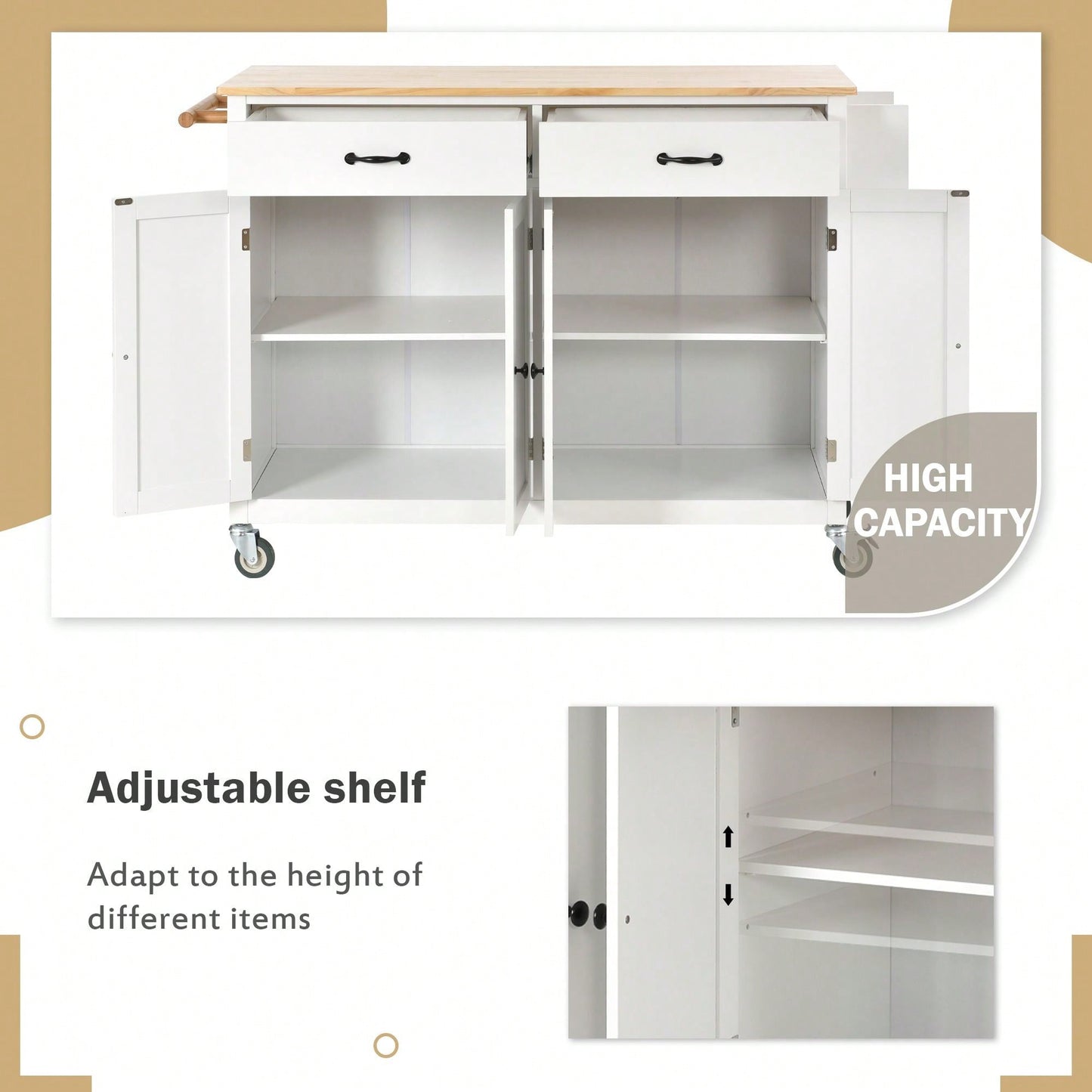 4 Door Cabinet And Two Drawers Kitchen Island Cart With Solid Wood Top, Adjustable Shelves, Spice & Towel Rack