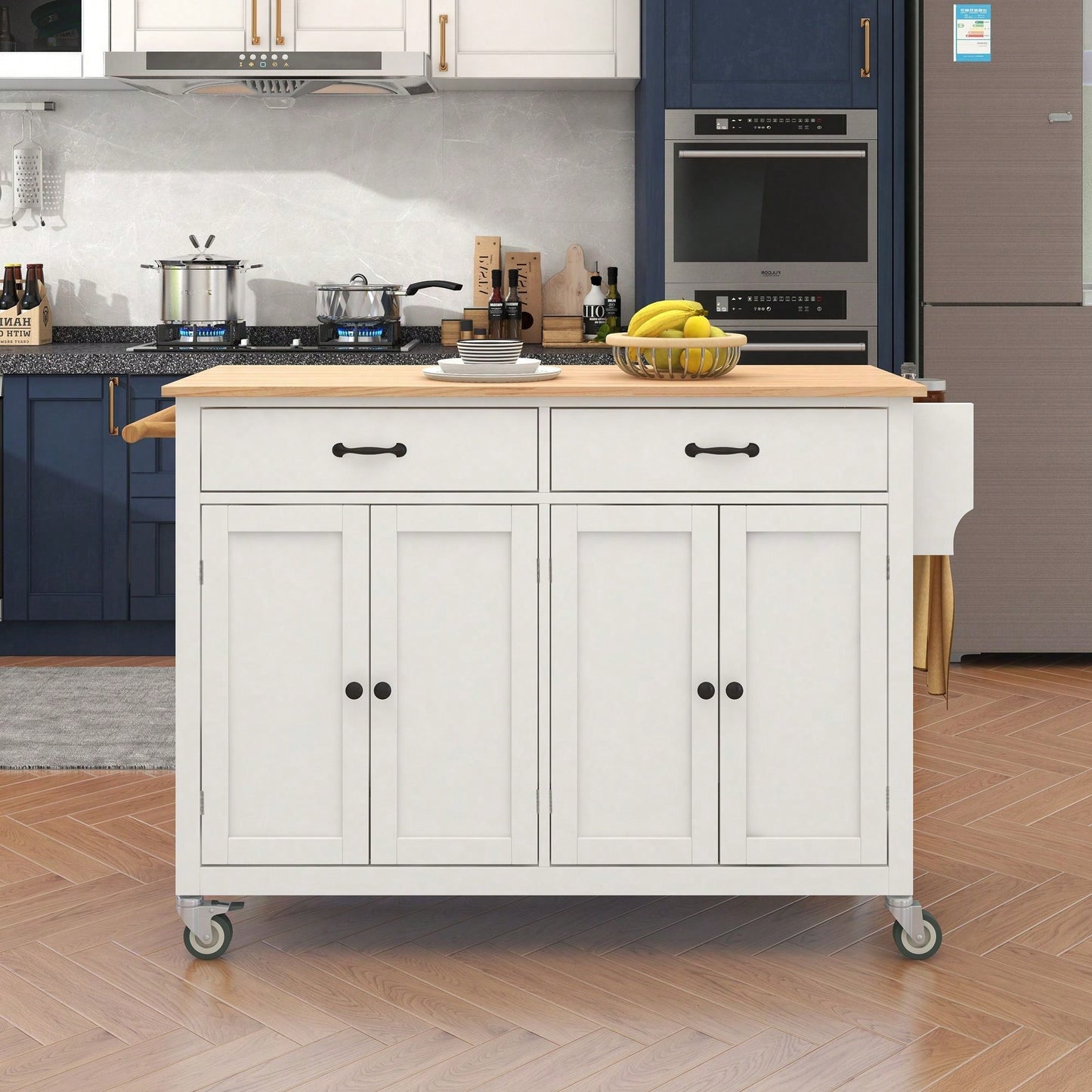 4 Door Cabinet And Two Drawers Kitchen Island Cart With Solid Wood Top, Adjustable Shelves, Spice & Towel Rack