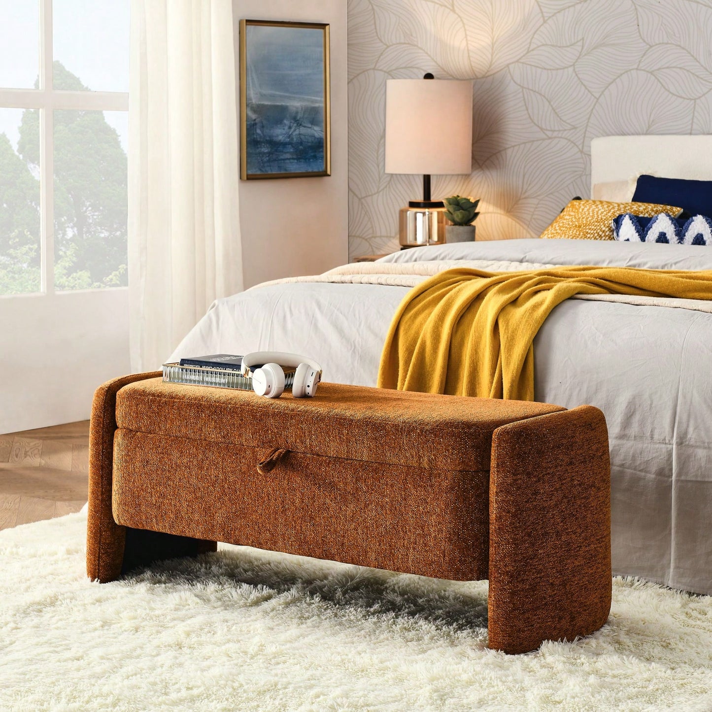 Chenille Fabric Storage Bench Ottoman for Living Room Bedroom Shoe Storage Extra Seating and Toy Organizer