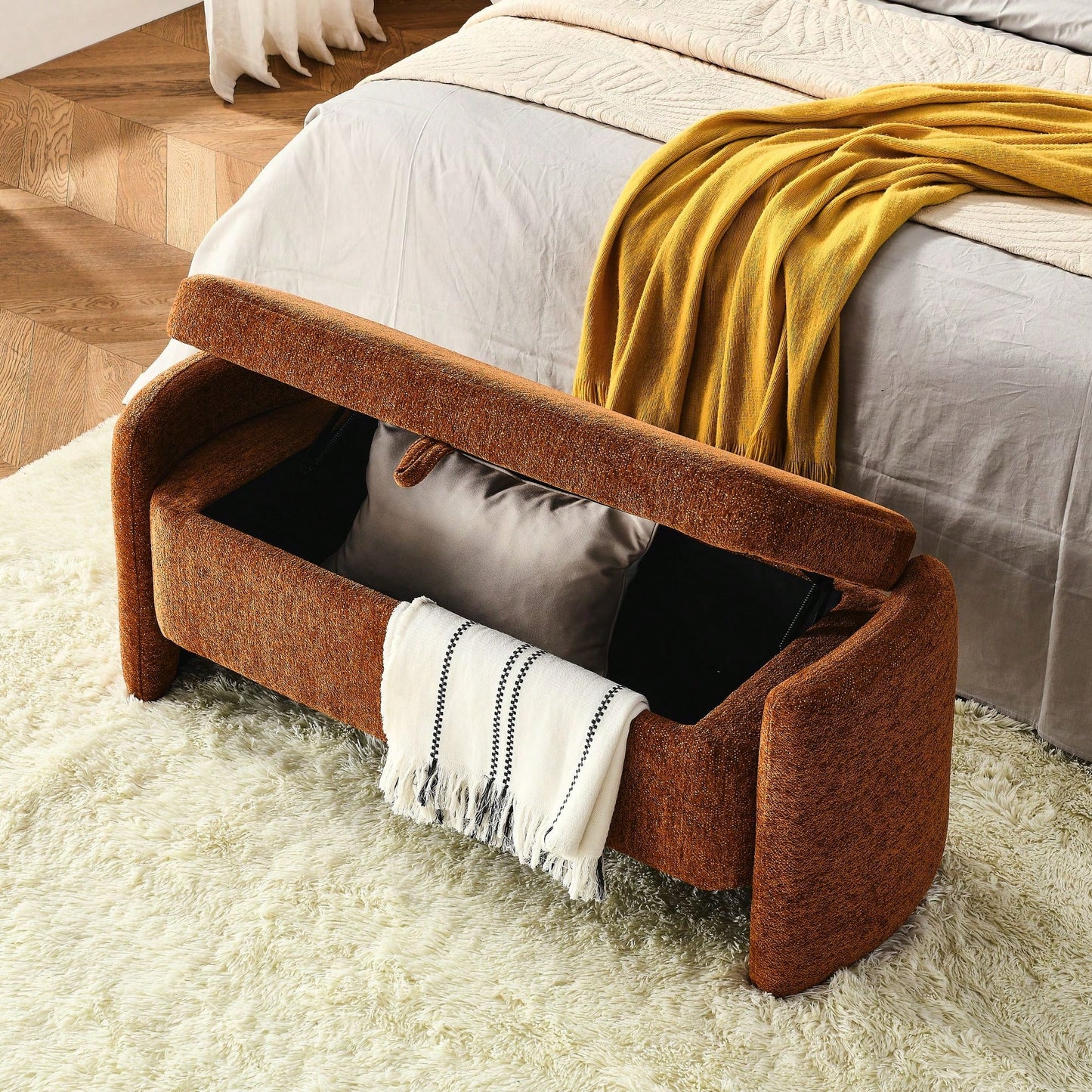 Chenille Fabric Storage Bench Ottoman for Living Room Bedroom Shoe Storage Extra Seating and Toy Organizer