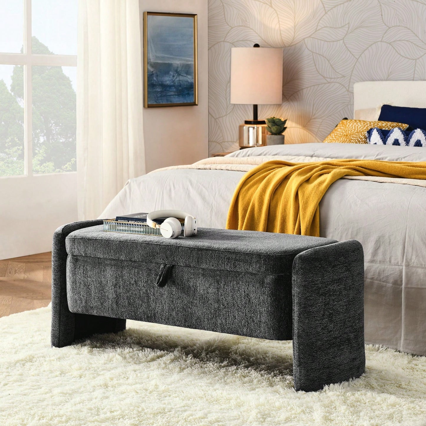 Chenille Fabric Storage Bench Ottoman for Living Room Bedroom Shoe Storage Extra Seating and Toy Organizer