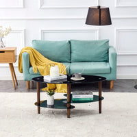 Modern Oval Coffee Table With Tempered Glass Top, Oak Wood Leg, And Storage Space