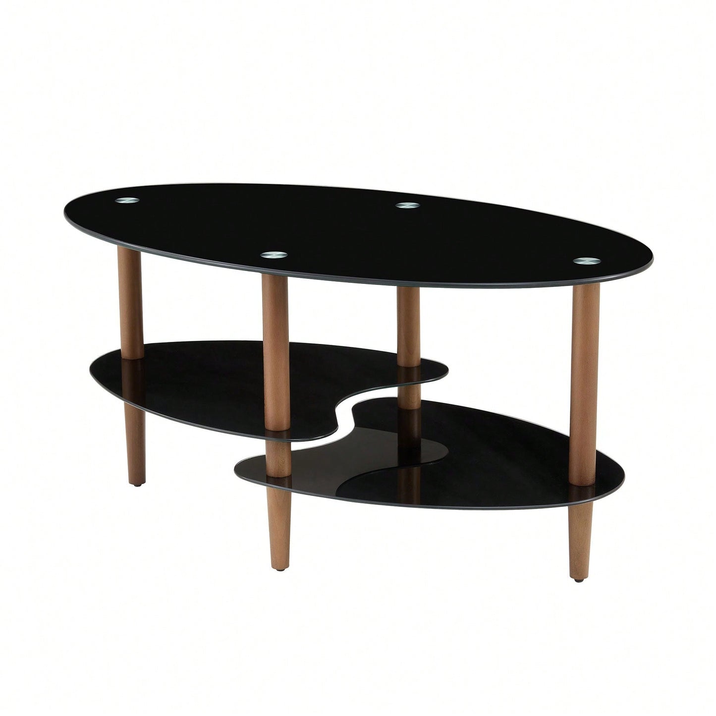 Modern Oval Coffee Table With Tempered Glass Top, Oak Wood Leg, And Storage Space