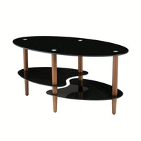 Modern Oval Coffee Table With Tempered Glass Top, Oak Wood Leg, And Storage Space