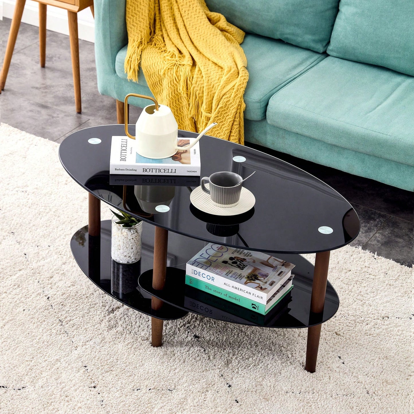 Modern Oval Coffee Table With Tempered Glass Top, Oak Wood Leg, And Storage Space