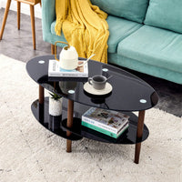 Modern Oval Coffee Table With Tempered Glass Top, Oak Wood Leg, And Storage Space