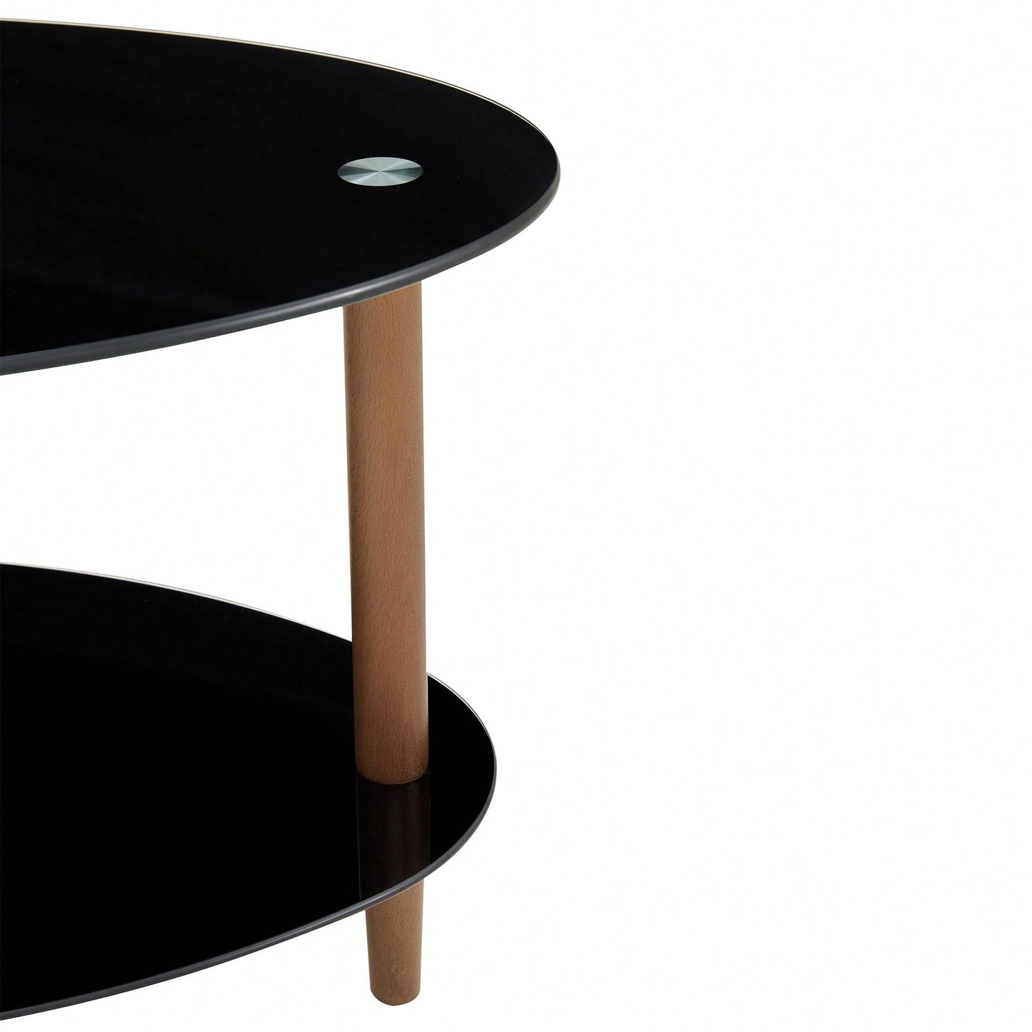 Modern Oval Coffee Table With Tempered Glass Top, Oak Wood Leg, And Storage Space