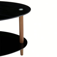 Modern Oval Coffee Table With Tempered Glass Top, Oak Wood Leg, And Storage Space