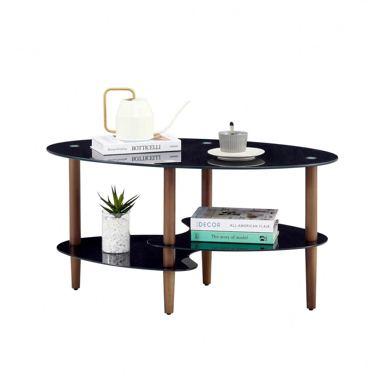 Modern Oval Coffee Table With Tempered Glass Top, Oak Wood Leg, And Storage Space