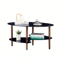 Modern Oval Coffee Table With Tempered Glass Top, Oak Wood Leg, And Storage Space