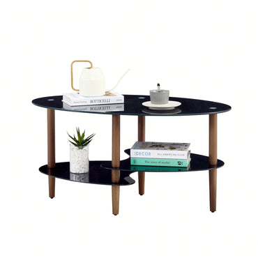 Modern Oval Coffee Table With Tempered Glass Top, Oak Wood Leg, And Storage Space
