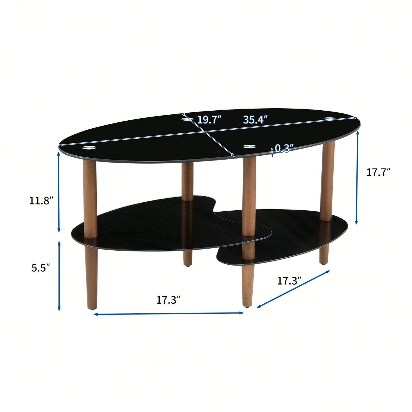 Modern Oval Coffee Table With Tempered Glass Top, Oak Wood Leg, And Storage Space