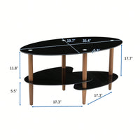 Modern Oval Coffee Table With Tempered Glass Top, Oak Wood Leg, And Storage Space