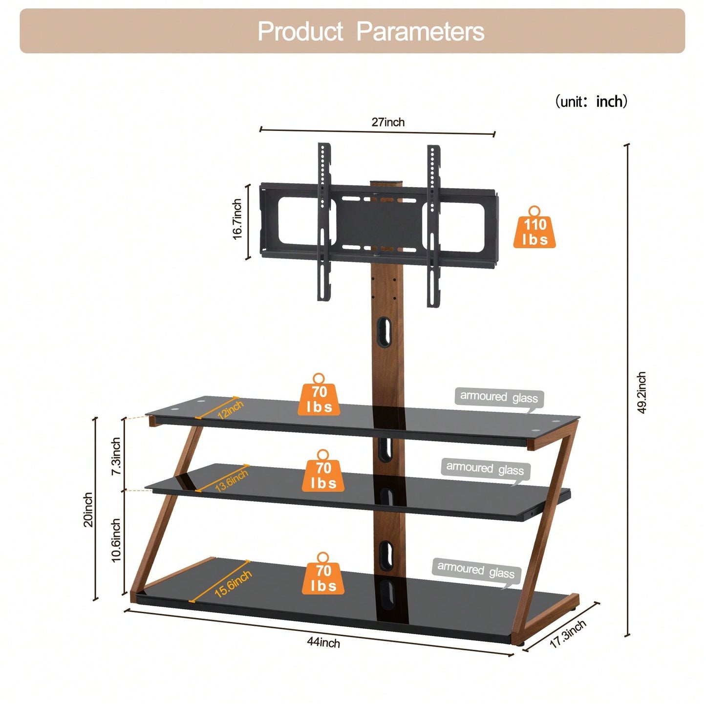 Height Adjustable Universal Swivel Glass Floor Media Storage Stand With Mount Heat-Transferred Printing Metal Tube