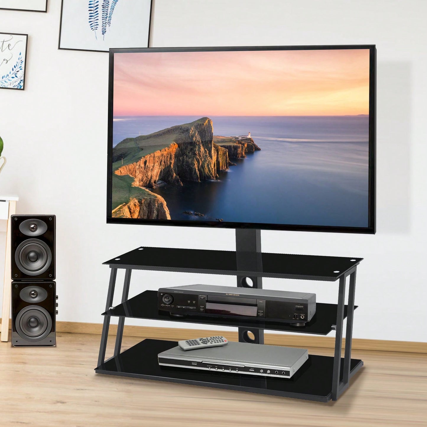 Adjustable Height And Angle TV Stand With Tempered Glass Construction