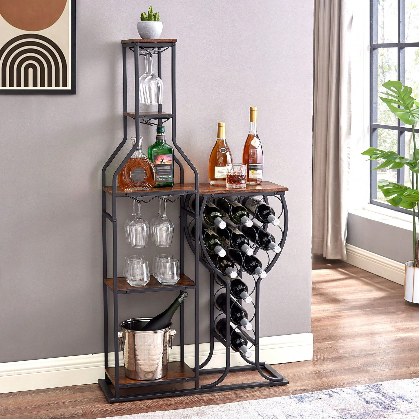 5 Tier Freestanding Wine Rack with Glass Holder and Storage Shelves for Kitchen and Dining Room Wine Storage