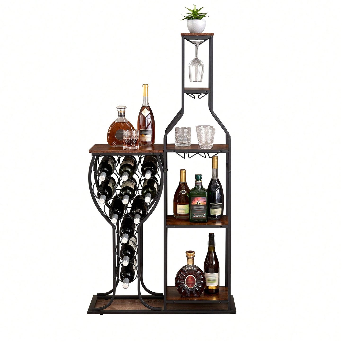 5 Tier Freestanding Wine Rack with Glass Holder and Storage Shelves for Kitchen and Dining Room Wine Storage