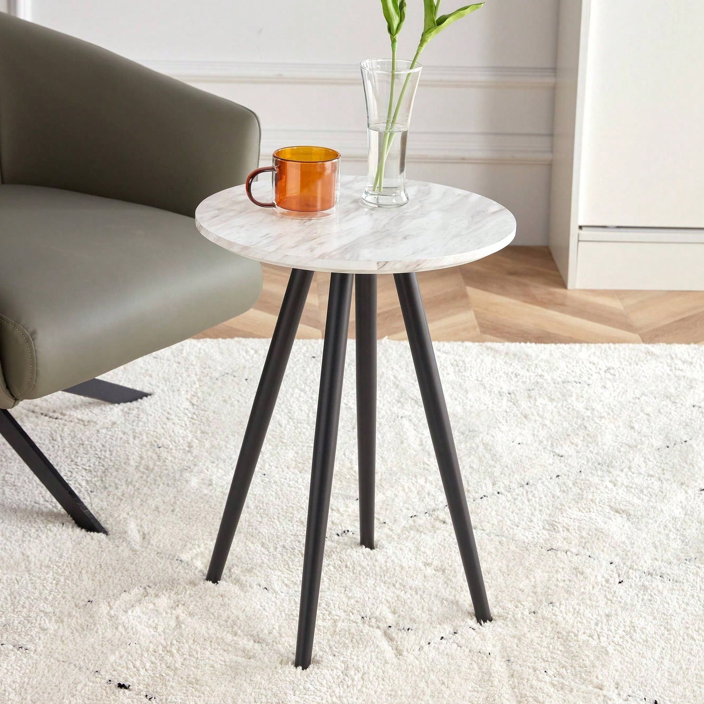 Imitation Marble Round End Table with Metal Legs for Living Room Bedroom Small Spaces