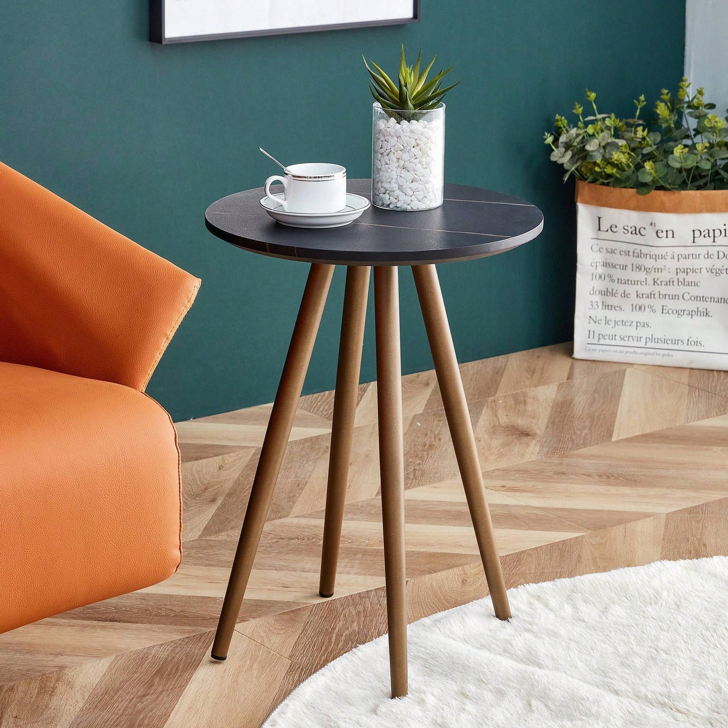 Imitation Marble Round End Table with Metal Legs for Living Room Bedroom Small Spaces