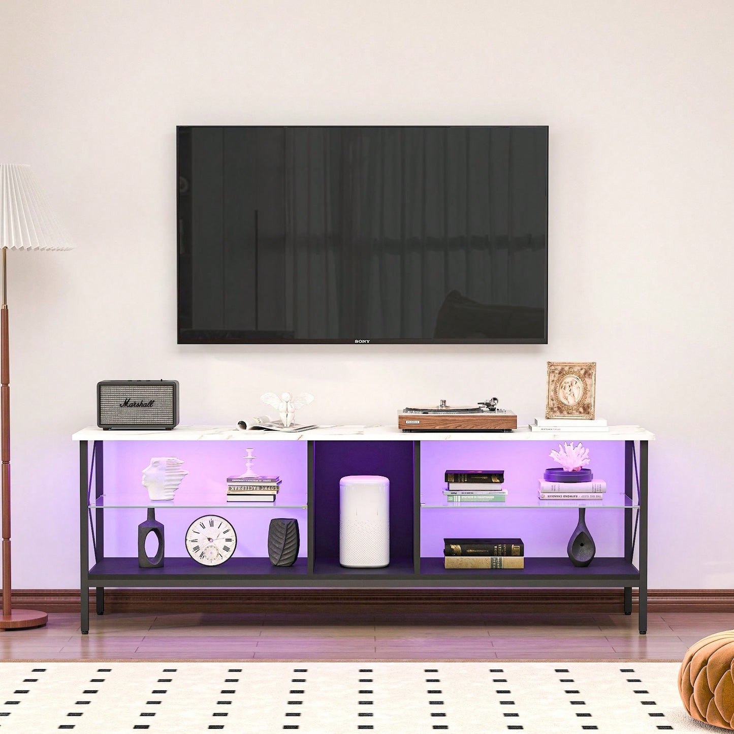 LED TV Stand with Remote Control Toughened Glass Media Console for Living Room and Bedroom