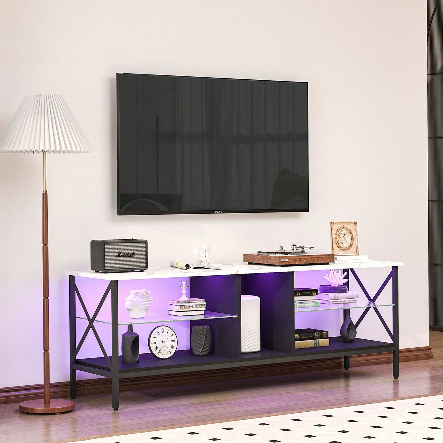 LED TV Stand with Remote Control Toughened Glass Media Console for Living Room and Bedroom