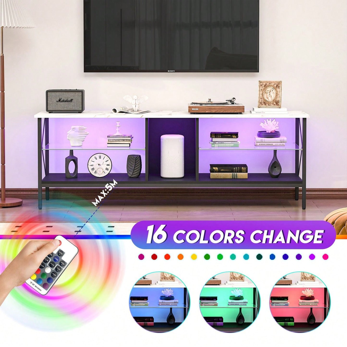 LED TV Stand with Remote Control Toughened Glass Media Console for Living Room and Bedroom