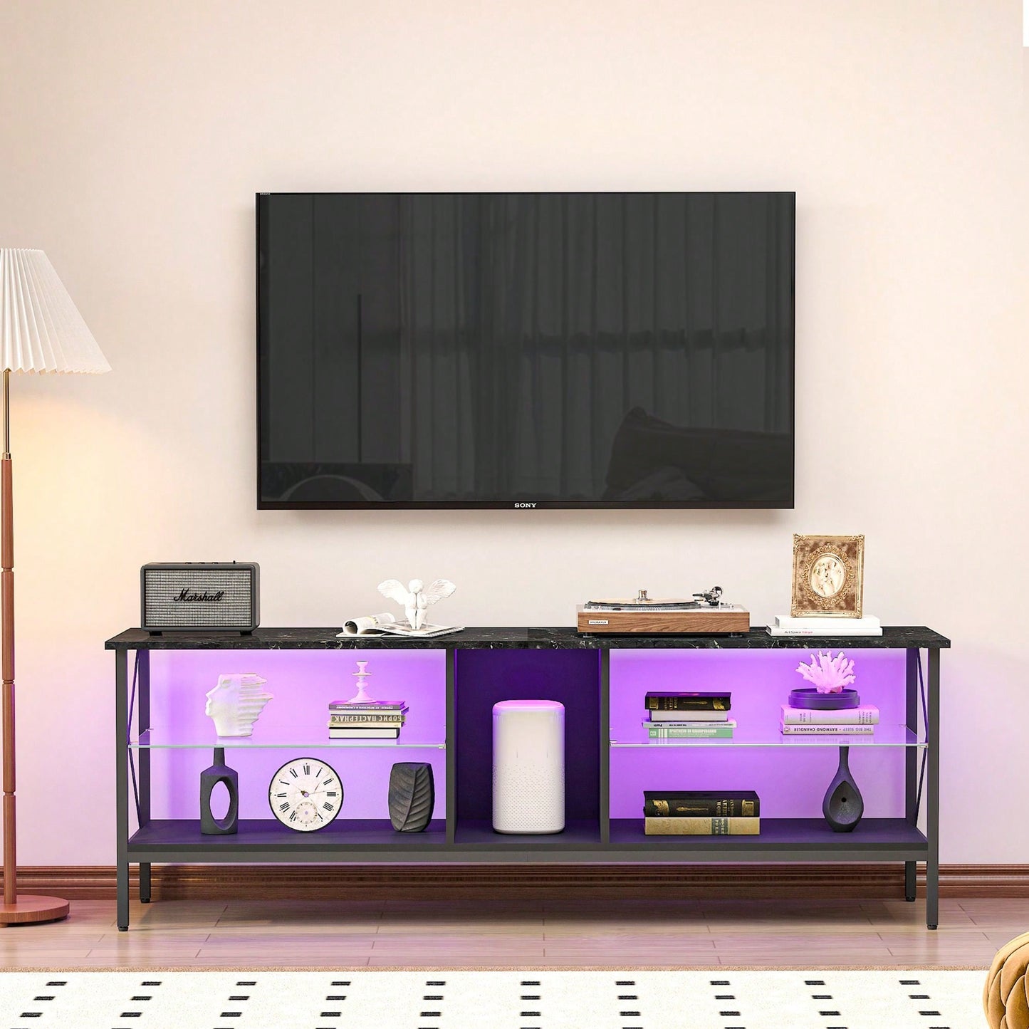 LED TV Stand with Remote Control Toughened Glass Media Console for Living Room and Bedroom