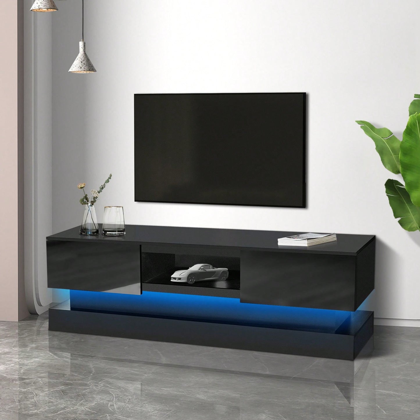 51.18" Modern TV Stand With LED Lights, High Glossy Front TV Cabinet, Can Be Assembled In Lounge Room, Living Room Or Bedroom