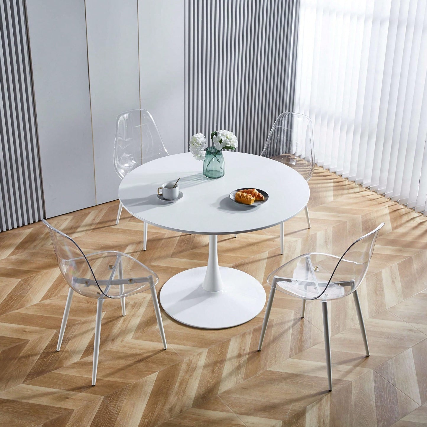 Set Of 4 Dining Chairs, Metal Legs, Plastic Seats