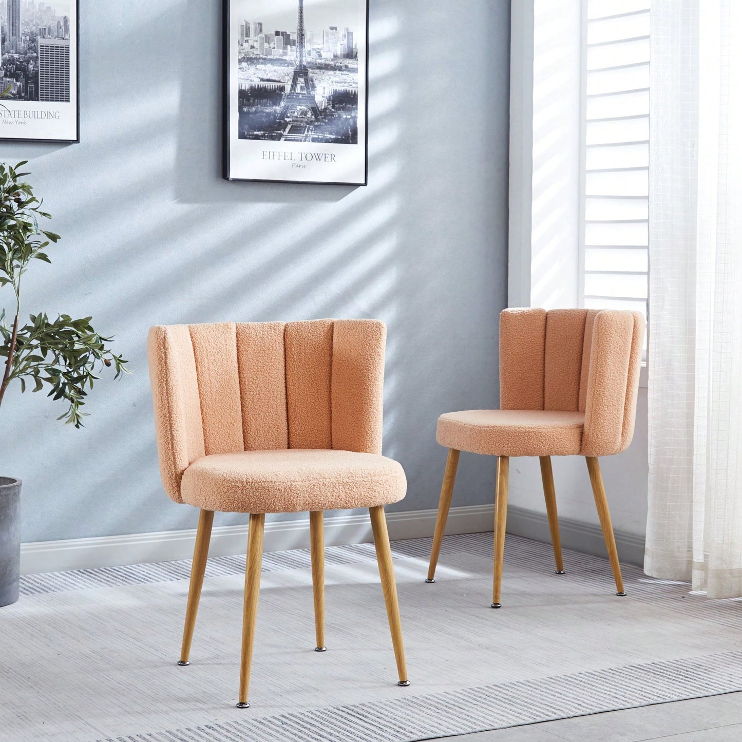 Modern Dining Chair (Set Of 2) With Iron Tube Wood Color Legs And Short Hair Cushions