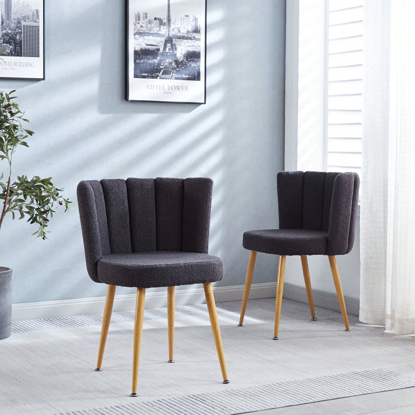 Modern Dining Chair (Set Of 2) With Iron Tube Wood Color Legs And Short Hair Cushions