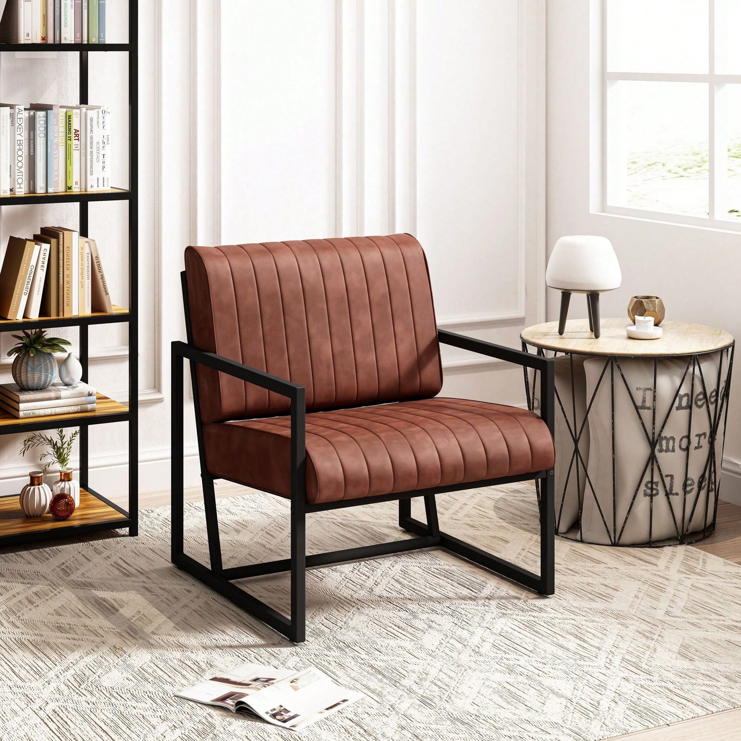 Stylish PU Leather Armchair with Metal Frame Extra Thick Cushion for Living Room Bedroom Office Studio