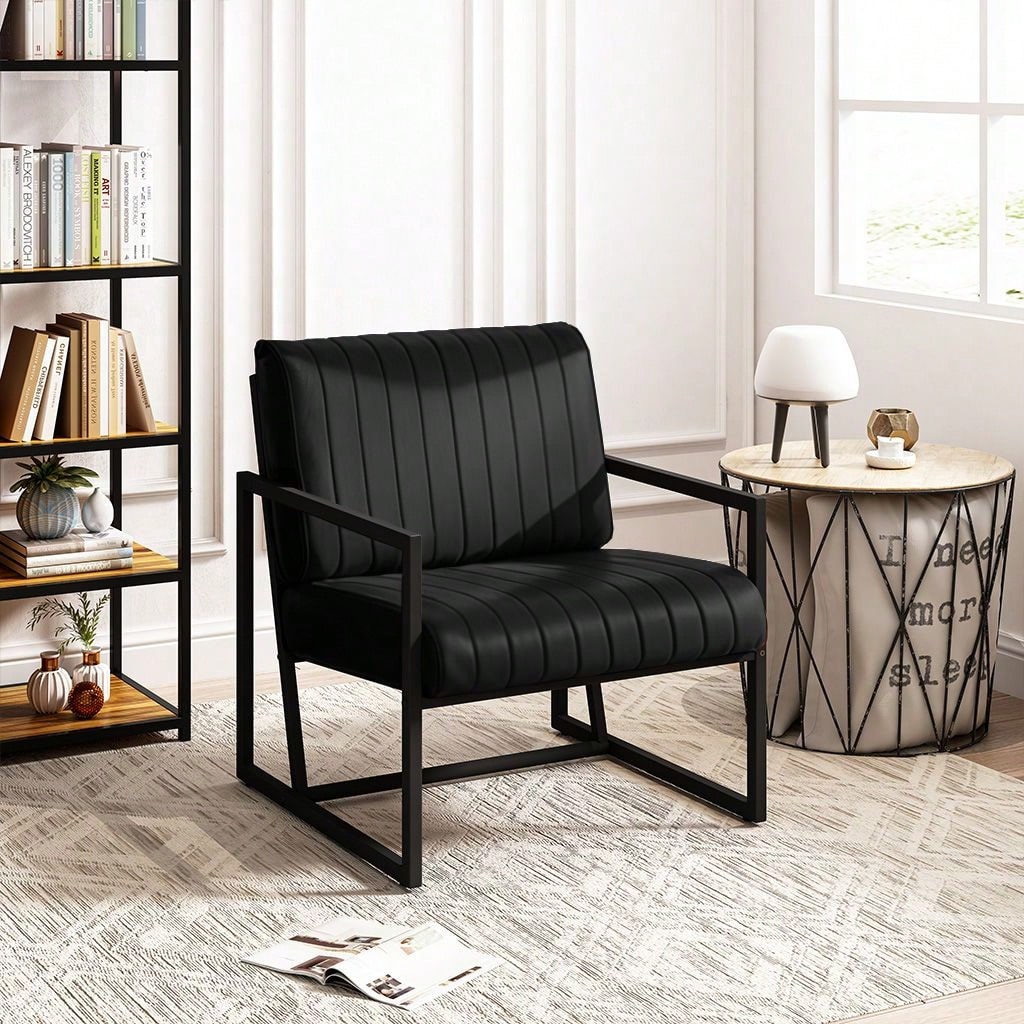 Stylish PU Leather Armchair with Metal Frame Extra Thick Cushion for Living Room Bedroom Office Studio