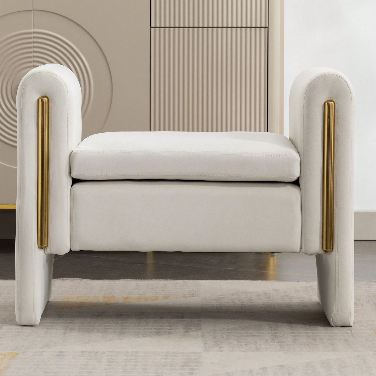 Velvet Upholstered Bench With Gold Metal Trim And Solid Wood Frame