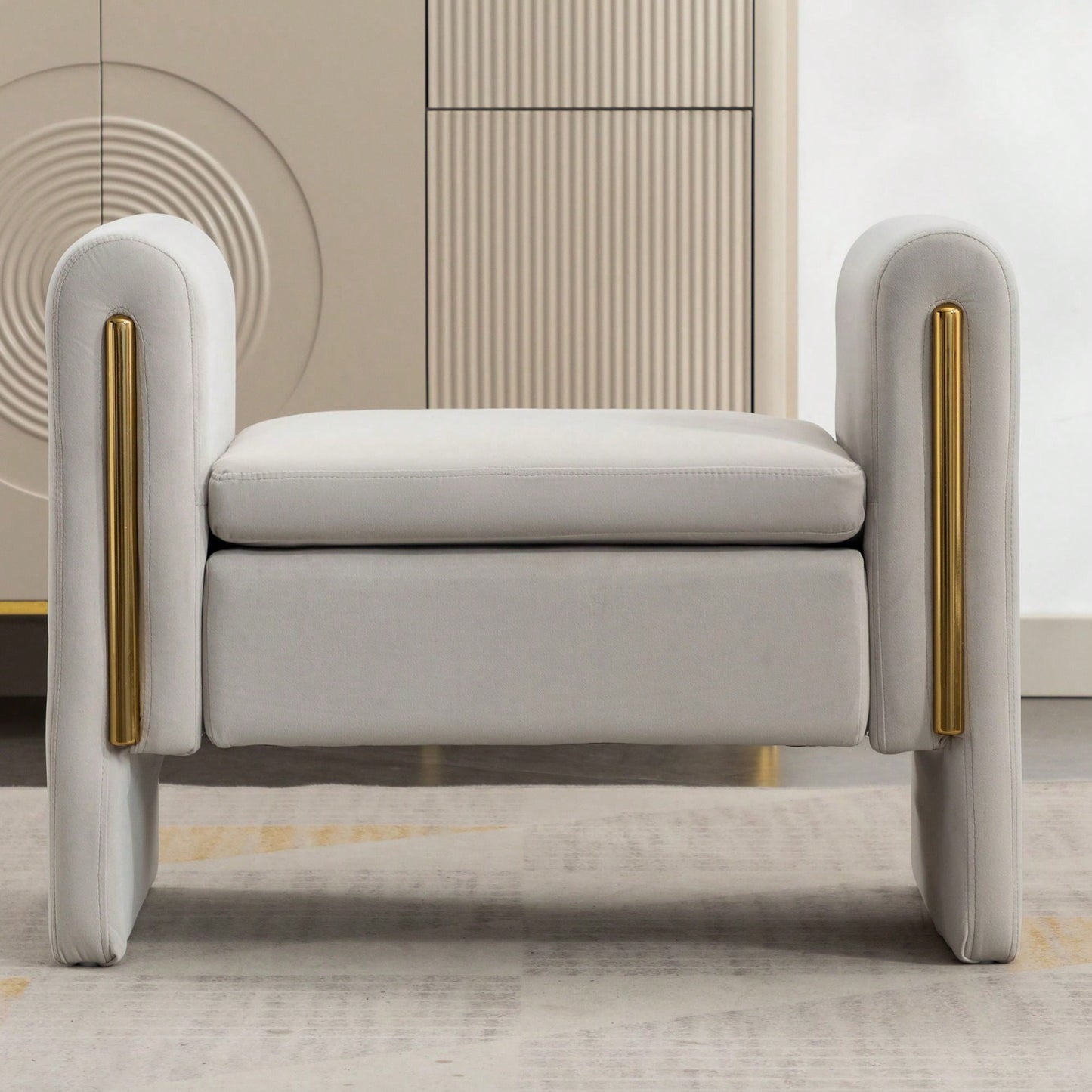 Velvet Upholstered Bench With Gold Metal Trim And Solid Wood Frame